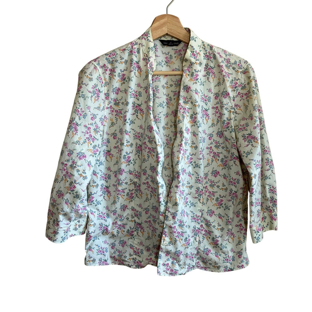 Lands End Floral Button Up Blouse 12P Cream Womens Cotton Blend